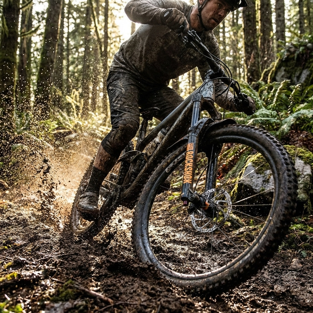 Rockshox VR-Steckblech Fender schwarz orange am Mountainbike, schützt vor Schlamm auf dem Trail.