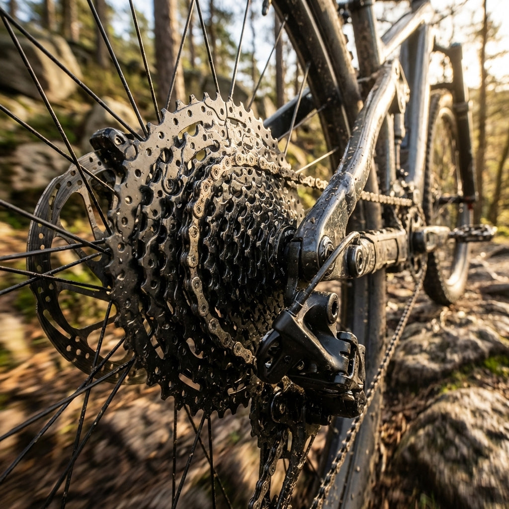 KMC REACT 11-fach 11-50Z Kassette schwarz am E-Bike im Wald für zuverlässige Schaltperformance.