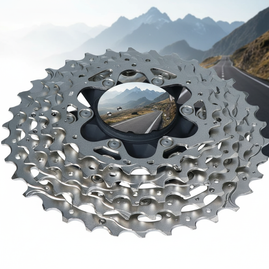 SHIMANO CS-R8101 CS-R8100 Ritzeleinheit 11-34Z. Silberne Fahrradkassette mit Bergstraße im Hintergrund.