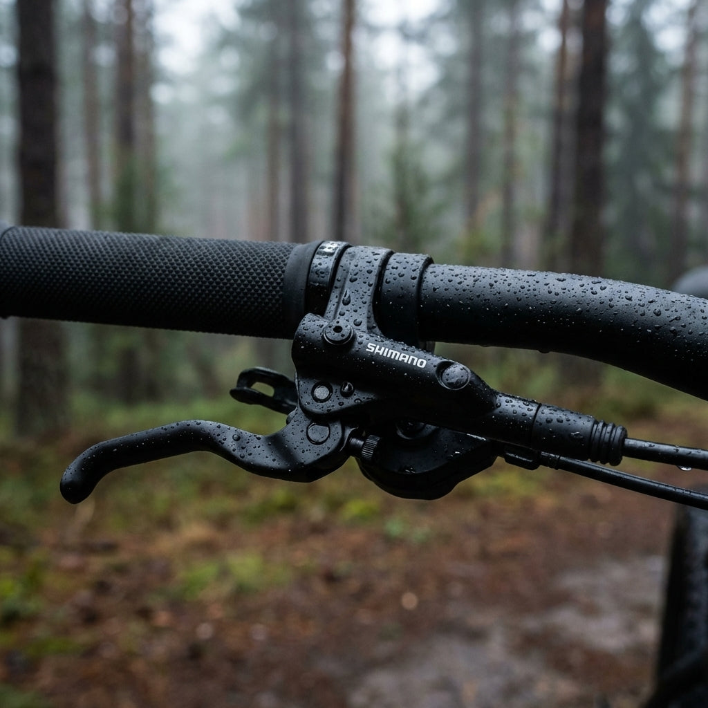 Shimano BL-MT200 Bremshebel rechts für hydraulische Scheibenbremsen am nassen Fahrradlenker im Wald.