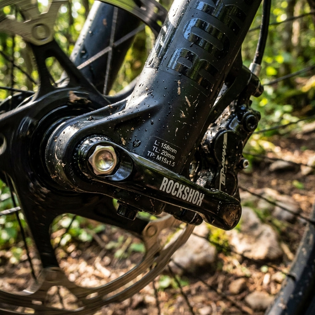 Schwarze RockShox Maxle Ultimate Steckachse 158mm M15x1.5 an verschmutzter Mountainbike-Federgabel.