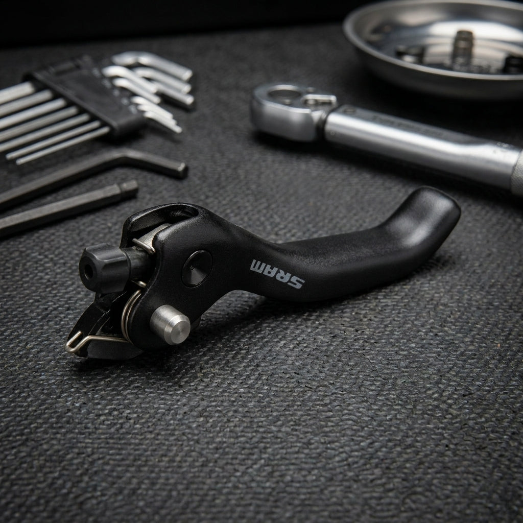 Schwarzer SRAM DB G2 RSC hydraulischer Aluminium Bremshebel (Blade Kit) auf einer Werkbank mit Werkzeugen.