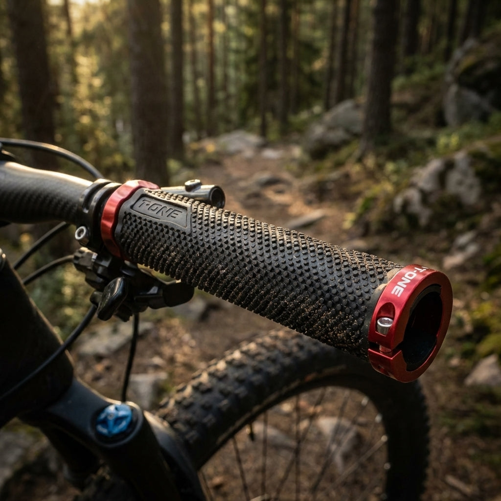 T-One DOT Fahrradgriffe schwarz rot mit Schraubensicherung am Lenker eines Mountainbikes im Wald.