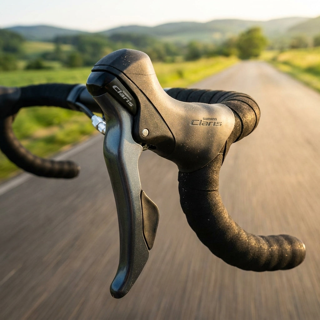 SHIMANO CLARIS BL-R2000 rechter Bremshebel für Rennrad-Schaltgruppen am Lenker auf einer Landstraße.