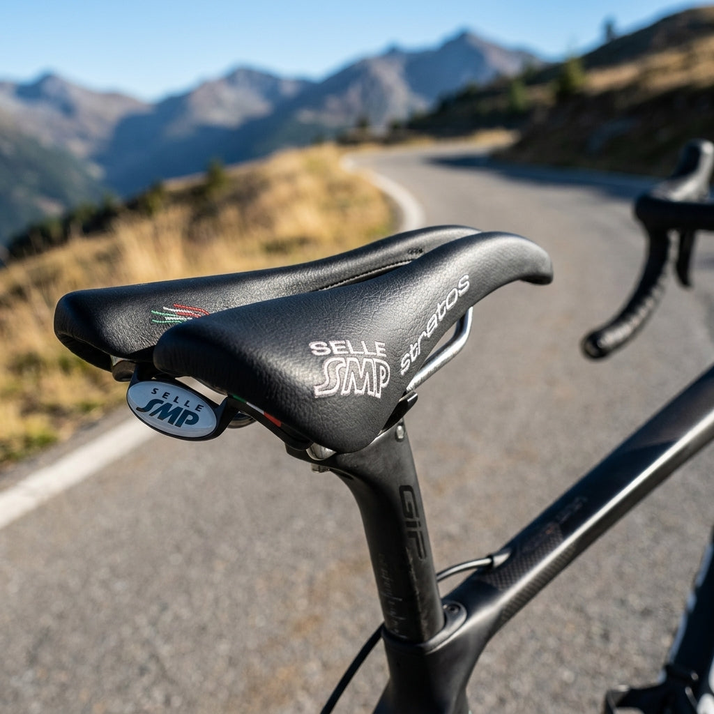 Selle SMP Stratos Sattel schwarz für Herren auf Rennrad, kurvige Bergstraße im Hintergrund.