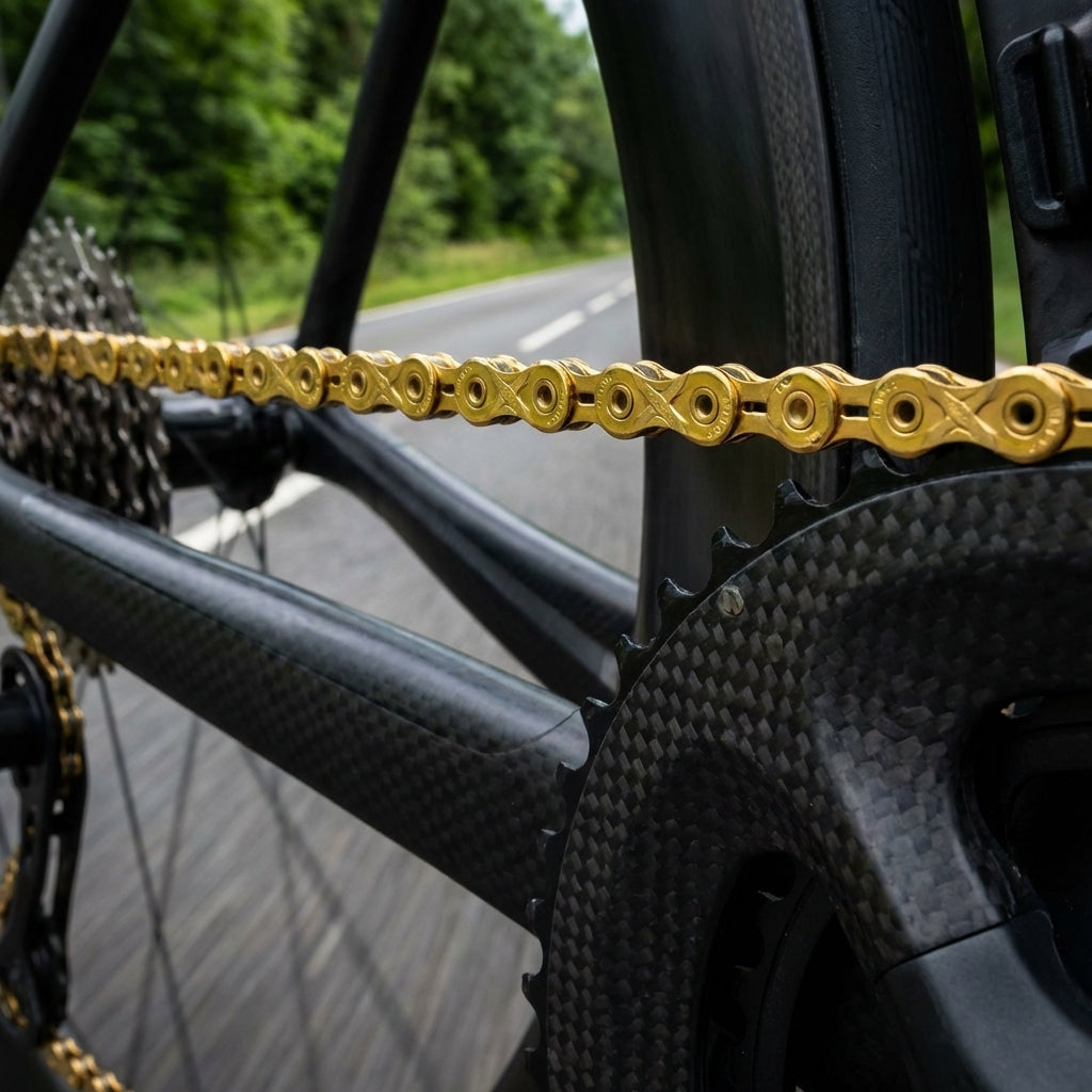 Goldene KMC X11EL 11-fach Fahrradkette auf schwarzem Carbon-Rennrad auf einer Straße.