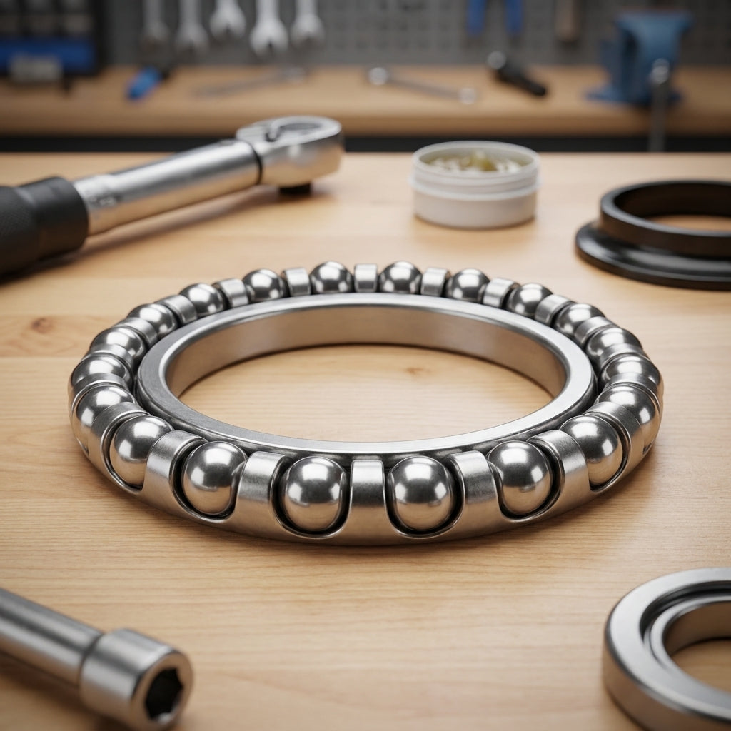 Fahrrad Kugelring 1 1/8" Steuersatz. Präzisions-Kugellagerkranz auf Werkbank mit Werkzeug und Schmiermittel.