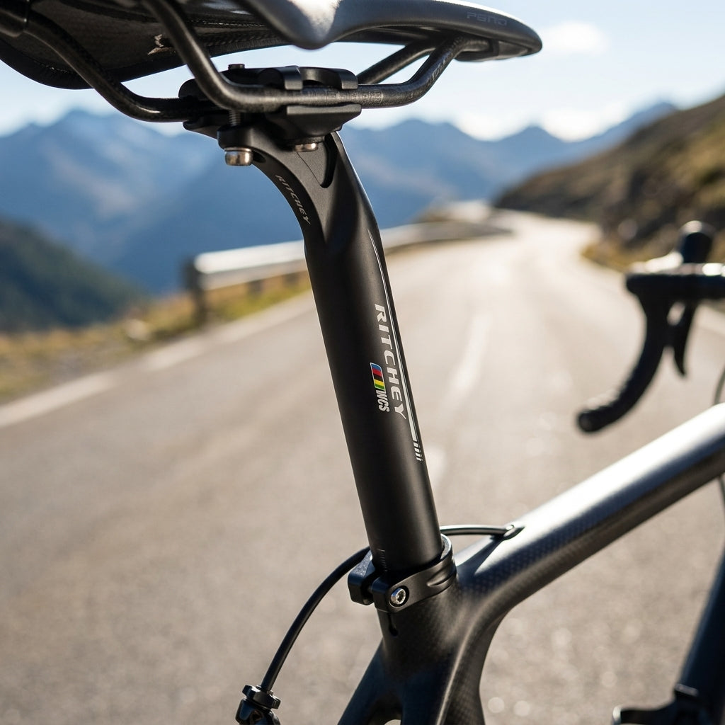 Mattschwarze Ritchey WCS Link Sattelstütze am Carbon-Rennrad auf kurviger Gebirgsstraße.