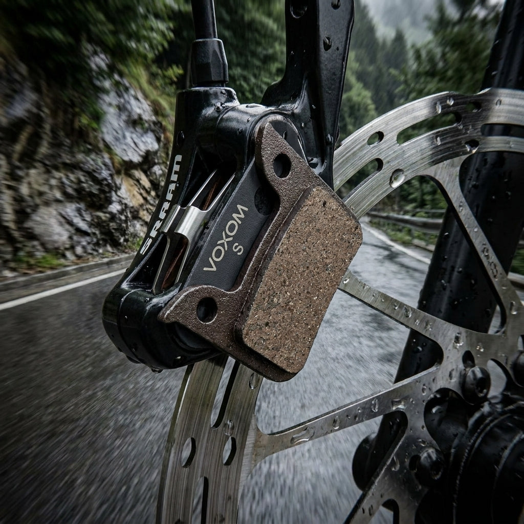 Voxom S semi-metal Scheibenbremsbeläge für Sram Road Bremsen am Fahrrad auf nasser Straße.