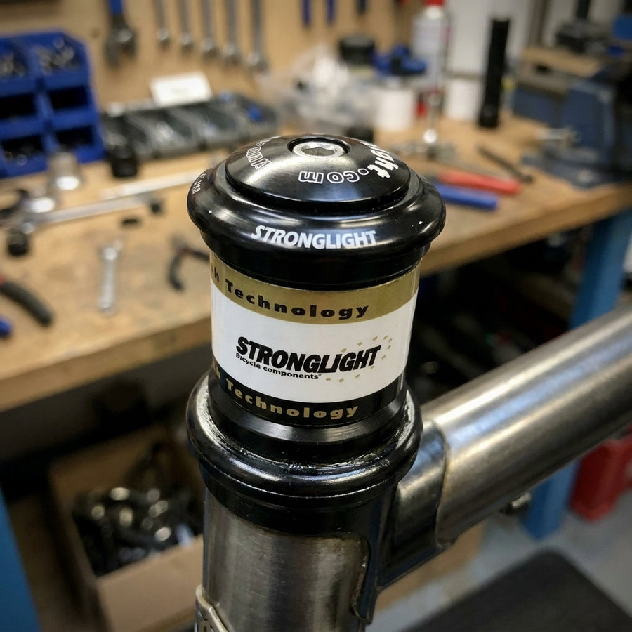 Stronglight RAZ Steel semi-integrierter Steuersatz 1 1/8 schwarz am Fahrradrahmen in der Werkstatt.