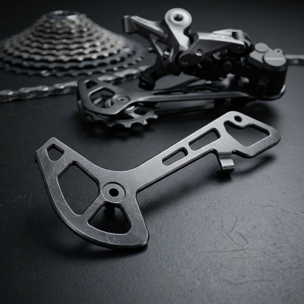 Shimano XT RD-M8120 Kettenleitblech SGS-Typ innen auf schwarzem Hintergrund mit Schaltwerk und Kassette.