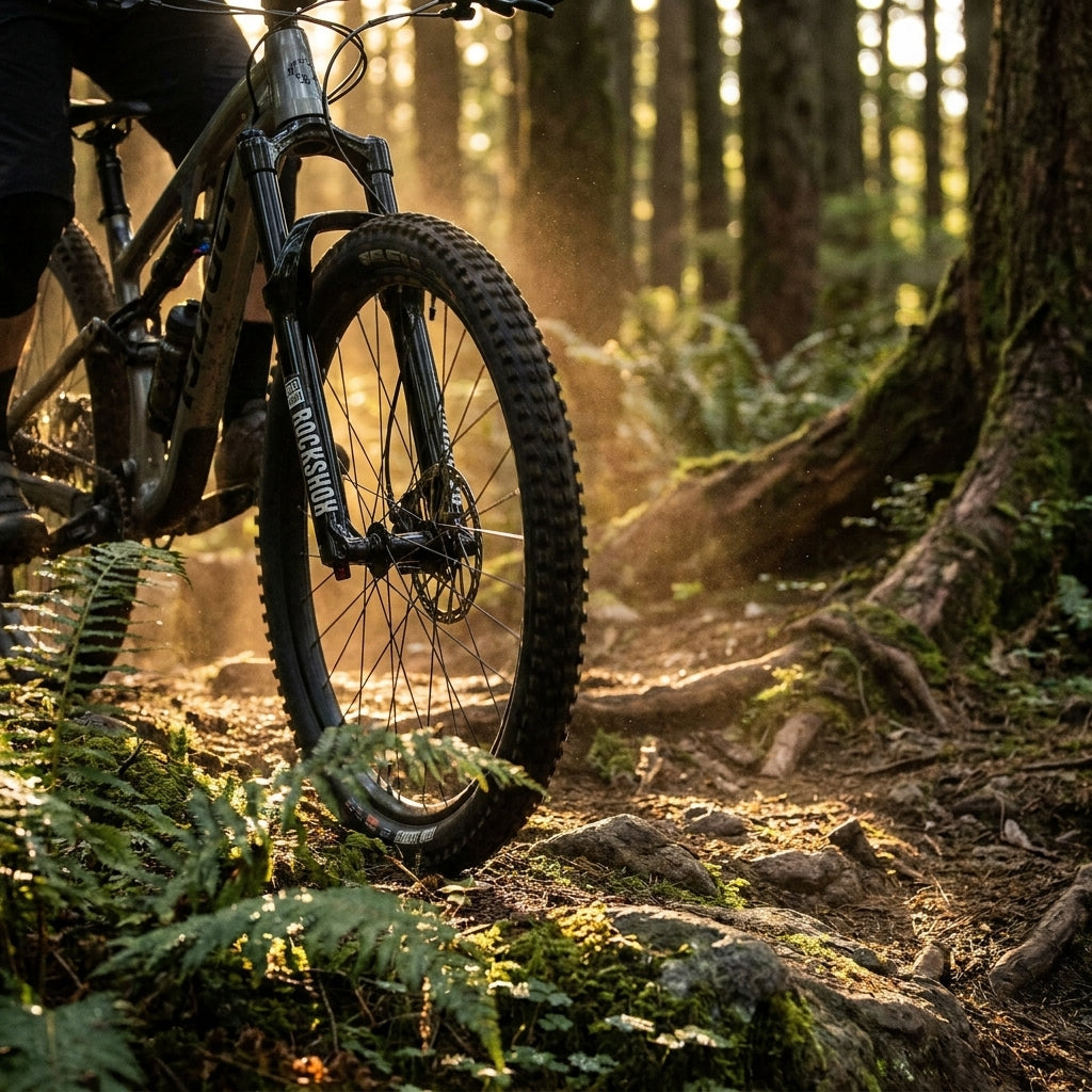 RockShox Recon Silver RL Federgabel schwarz am 27.5 Zoll Mountainbike auf sonnigem Waldweg.