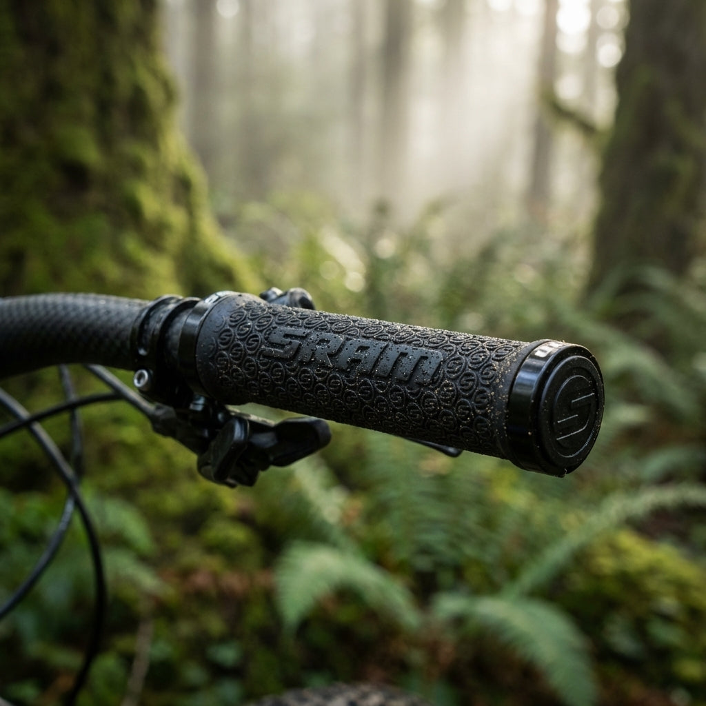 SRAM MTB Lockring Griffe schwarz mit Logo-Profil beidseitig klemmbar am Mountainbike-Lenker in einem Wald.