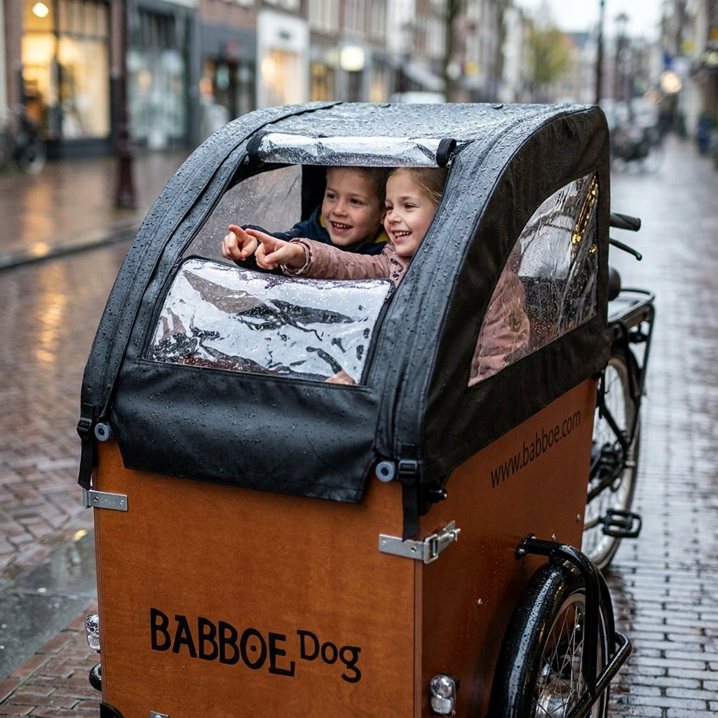 Babboe Regenverdeck schwarz für Dog PVC schützt lachende Kinder im Lastenrad vor Regen.
