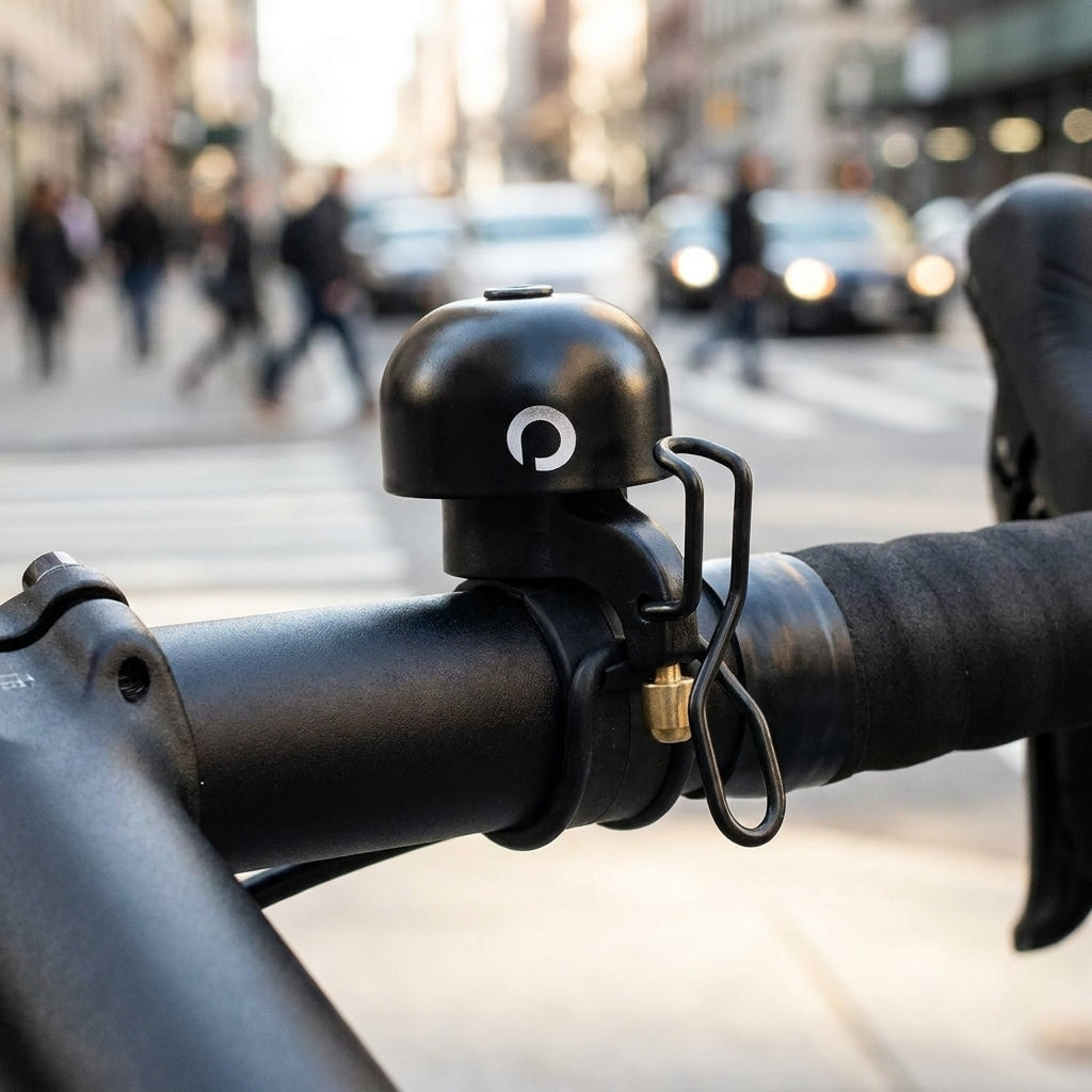 Schwarze Procraft DIN-Dong Advanced Fahrradklingel mit weißem Logo am Fahrradlenker, moderne laute Klingel in der Stadt.