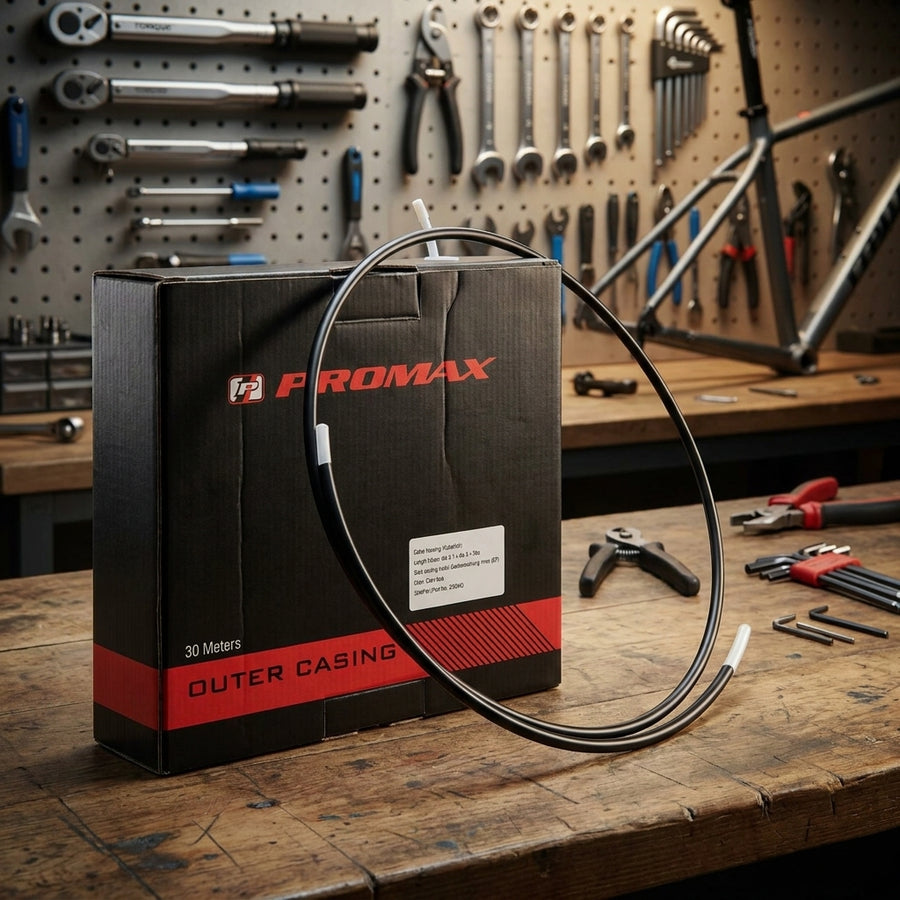PROMAX Schalthüllenbox schwarz 30m mit SP-40 Gleithülle für Fahrradschaltung auf Werkbank.