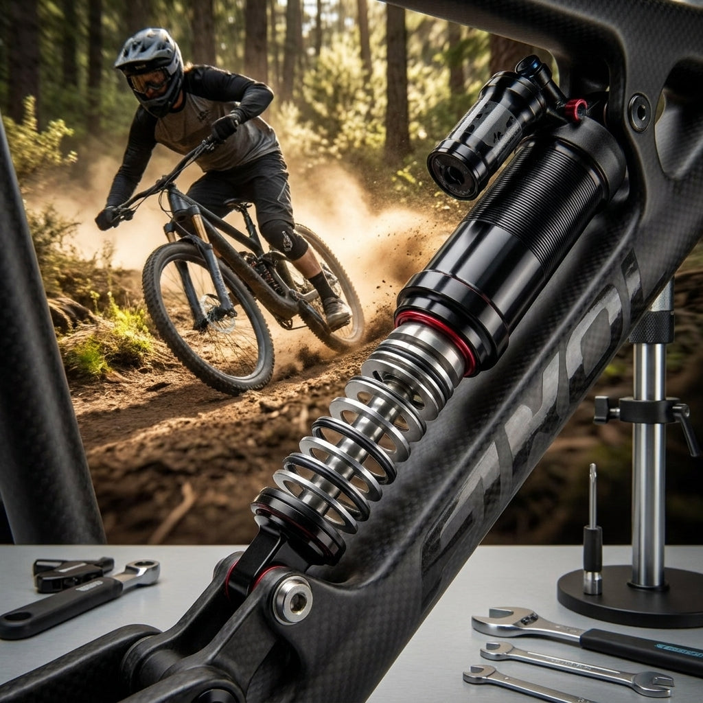 Rockshox Deluxe Select B2 Hinterbaudämpfer Montage an Carbon-MTB-Rahmen, Mountainbiker auf staubigem Trail.