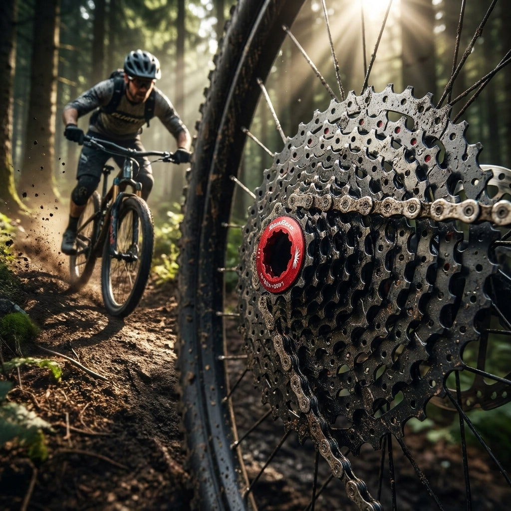 Detailaufnahme SunRace CSMX8 EAZ 11-fach Fluid Drive Plus Kassette 11-46 Zähne am Mountainbike im Wald.