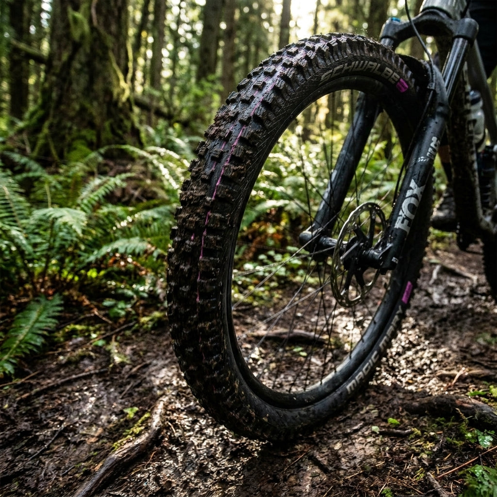 Schwalbe Magic Mary MTB-Reifen 29x2.40 schwarz, schlammig im Wald, mit pinken Streifen.