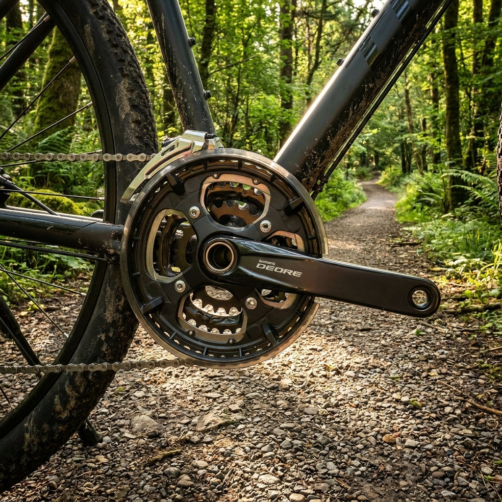 SHIMANO DEORE FC-T6010 10-fach Kurbelgarnitur, 170 mm, 48-36-26 Zähne, am Fahrrad auf Waldweg.