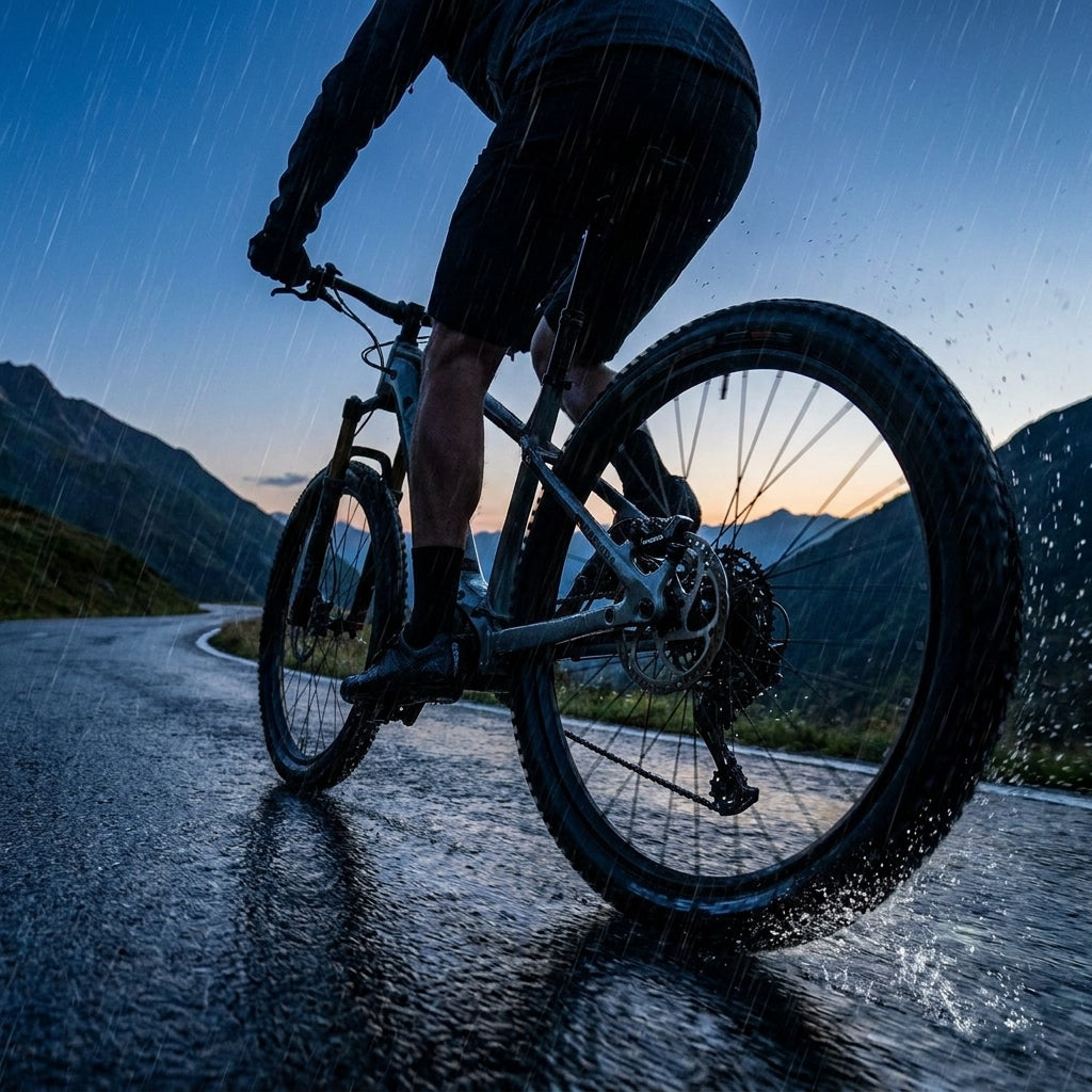 Voxom Magura E-Bike Scheibenbremsbeläge im Einsatz: Mountainbike fährt auf nasser Bergstraße im Regen, Wasser spritzt.