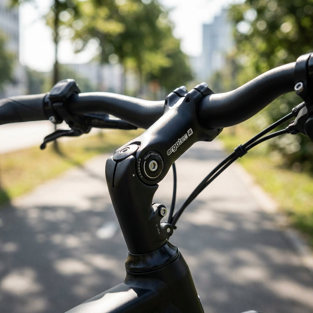 Ergotec Vorbau OCTOPUS 2 XL Ahead 50 90 mm schwarz am Fahrradlenker auf einem Radweg.