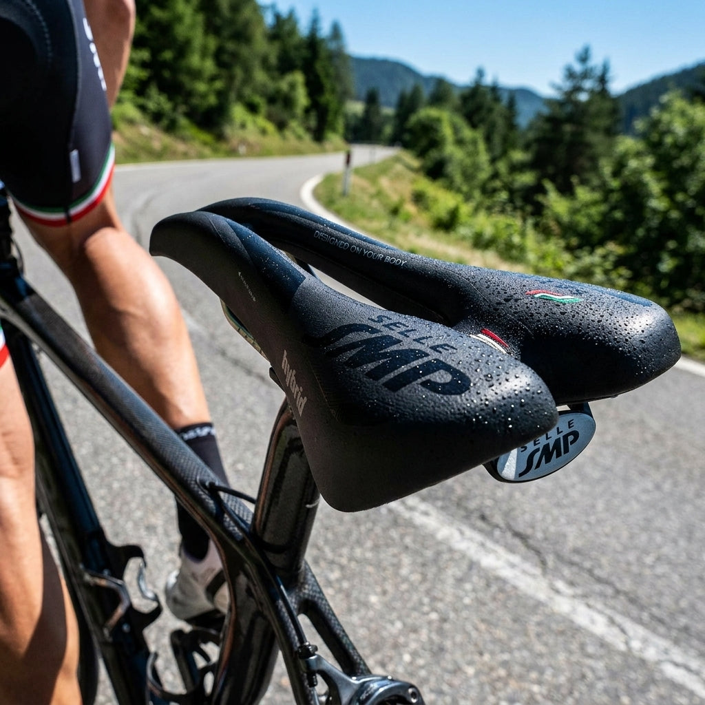Schwarzer Selle SMP Hybrid Gel Sattel mit Wassertropfen auf Rennrad, Radfahrer auf kurviger Straße in den Bergen.