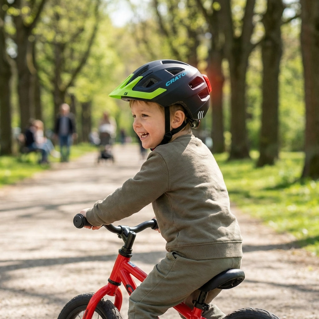 Cratoni Kinderhelm Maxster Pro Gr. XS/S 46-51cm in schwarz/neongrün mit Rücklicht, getragen von Kind auf Laufrad.