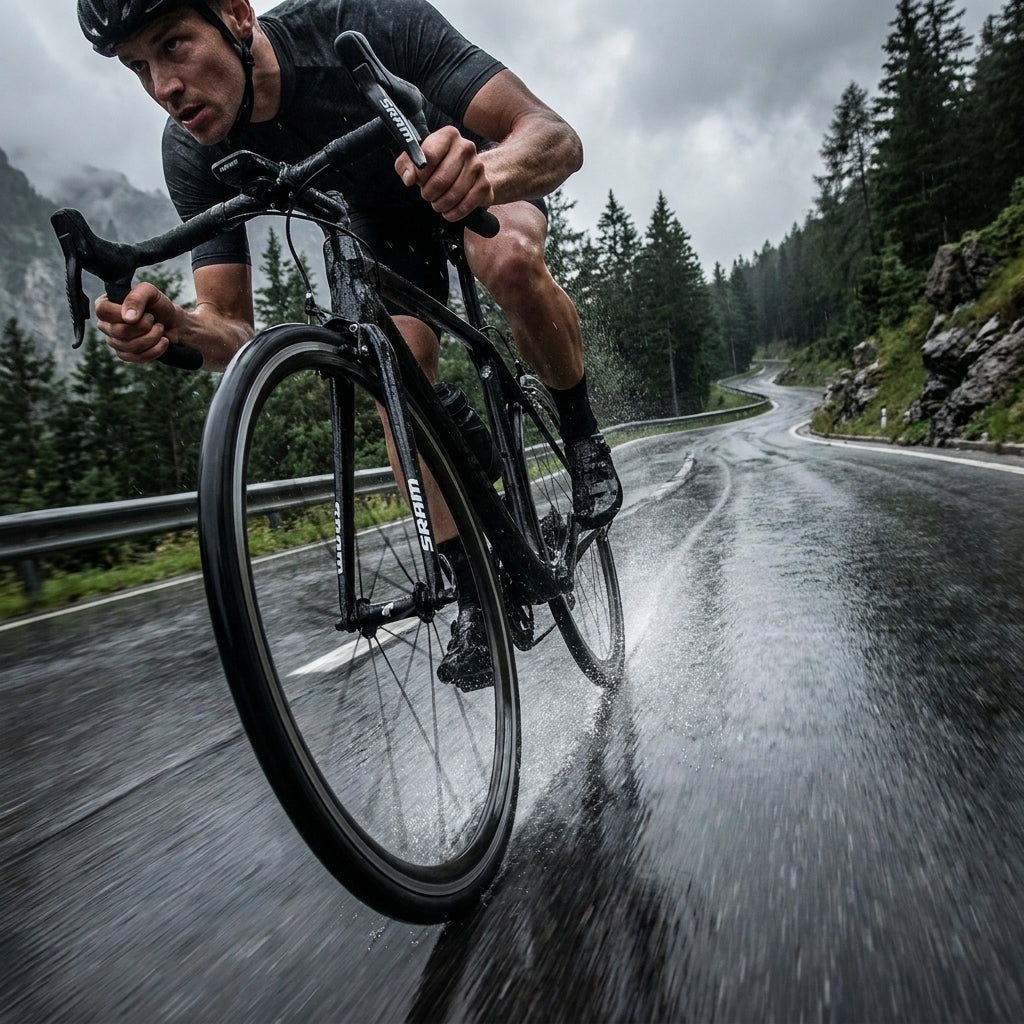 SRAM Bremsbeläge Road: Rennradfahrer auf nasser Bergstraße im Regen, Wasser spritzt.