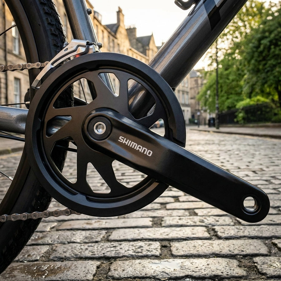Nahaufnahme SHIMANO Kurbelgarnitur FC-UT400-1, 165mm, 32Z, schwarz, am Fahrrad auf Kopfsteinpflaster.