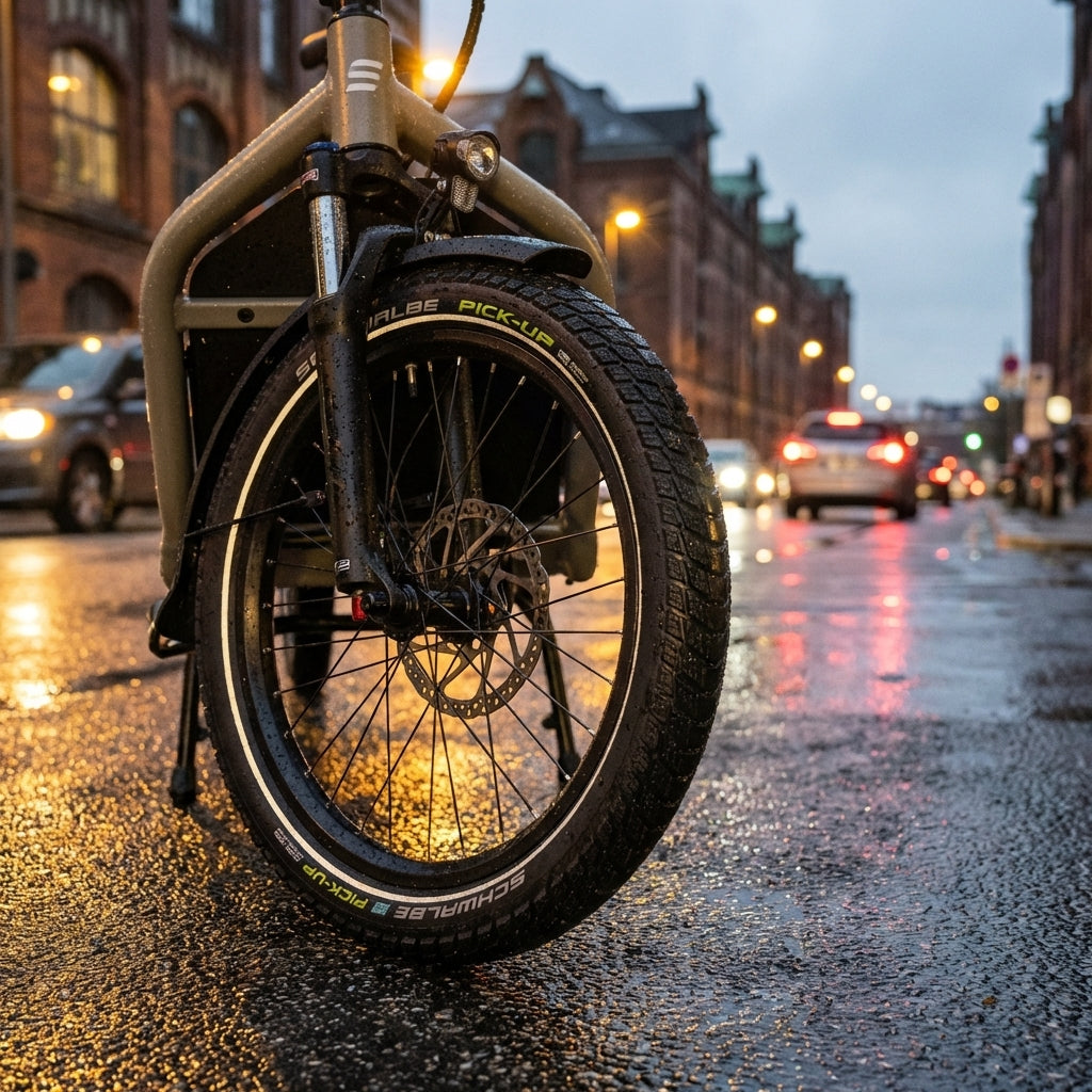 Schwarzer Schwalbe Pick-Up 27.5x2.60 E-50 Reflex Reifen am Fahrrad auf regennasser Straße in der Stadt.