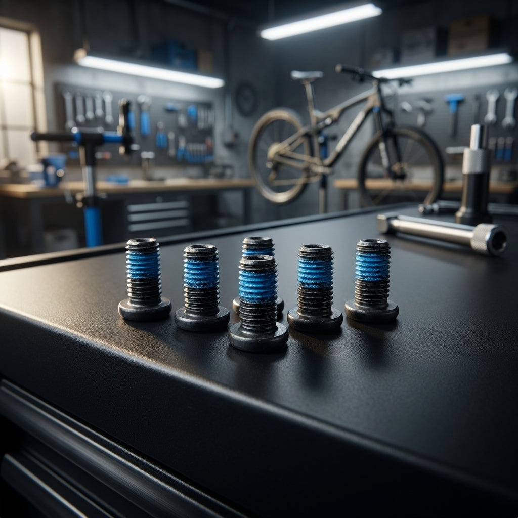 SHIMANO SM-RTAD05 Befestigungsschrauben für Bremsscheiben-Adapter mit blauer Gewindesicherung in Fahrradwerkstatt.