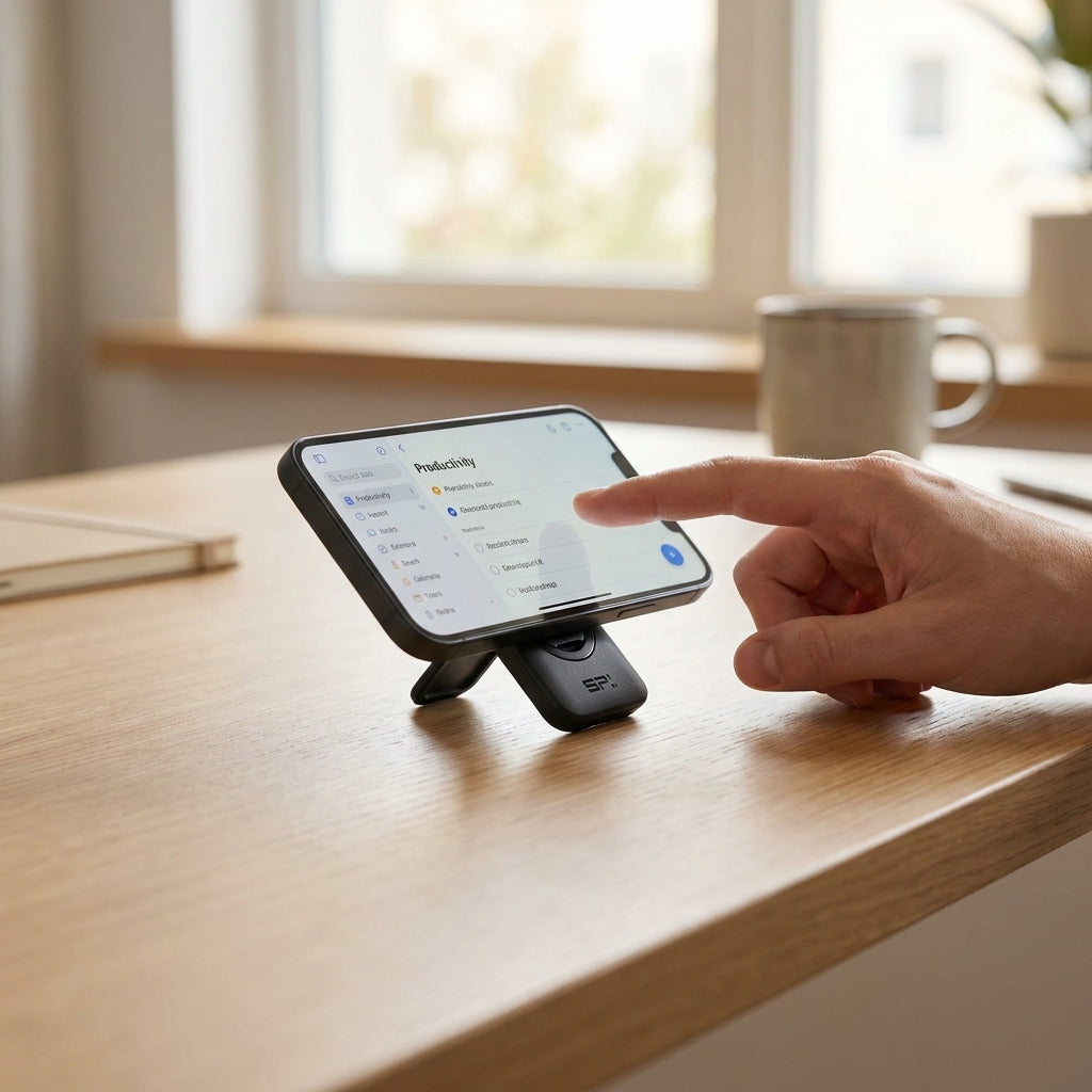 SP Connect SPC Tool als praktischer Smartphone-Ständer auf Holztisch, Hand bedient Display mit Produktivitäts-App.