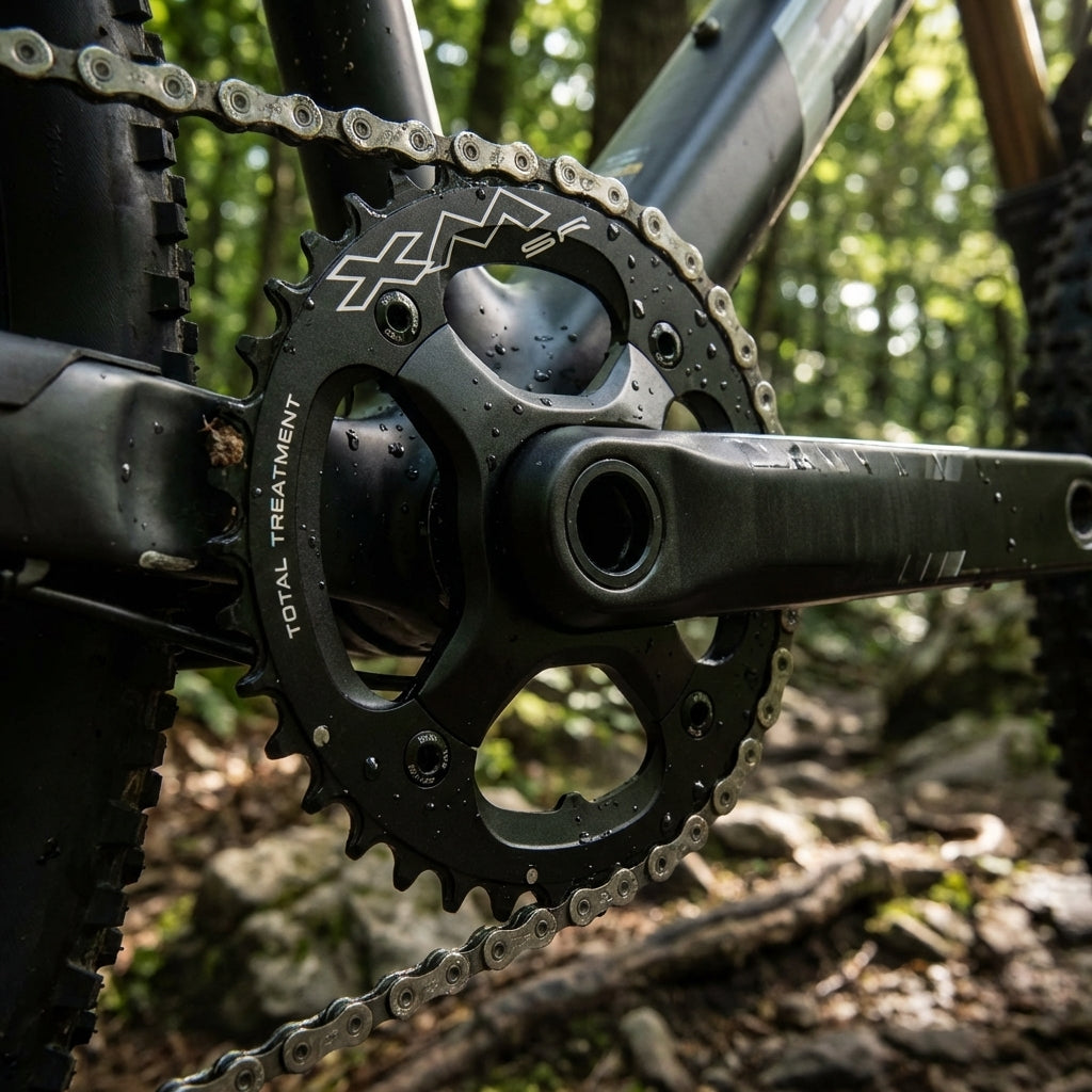 Miche Kettenblatt MTB XM TT SR 40 Zähne, schwarz, 10-fach, am Mountainbike im Wald.