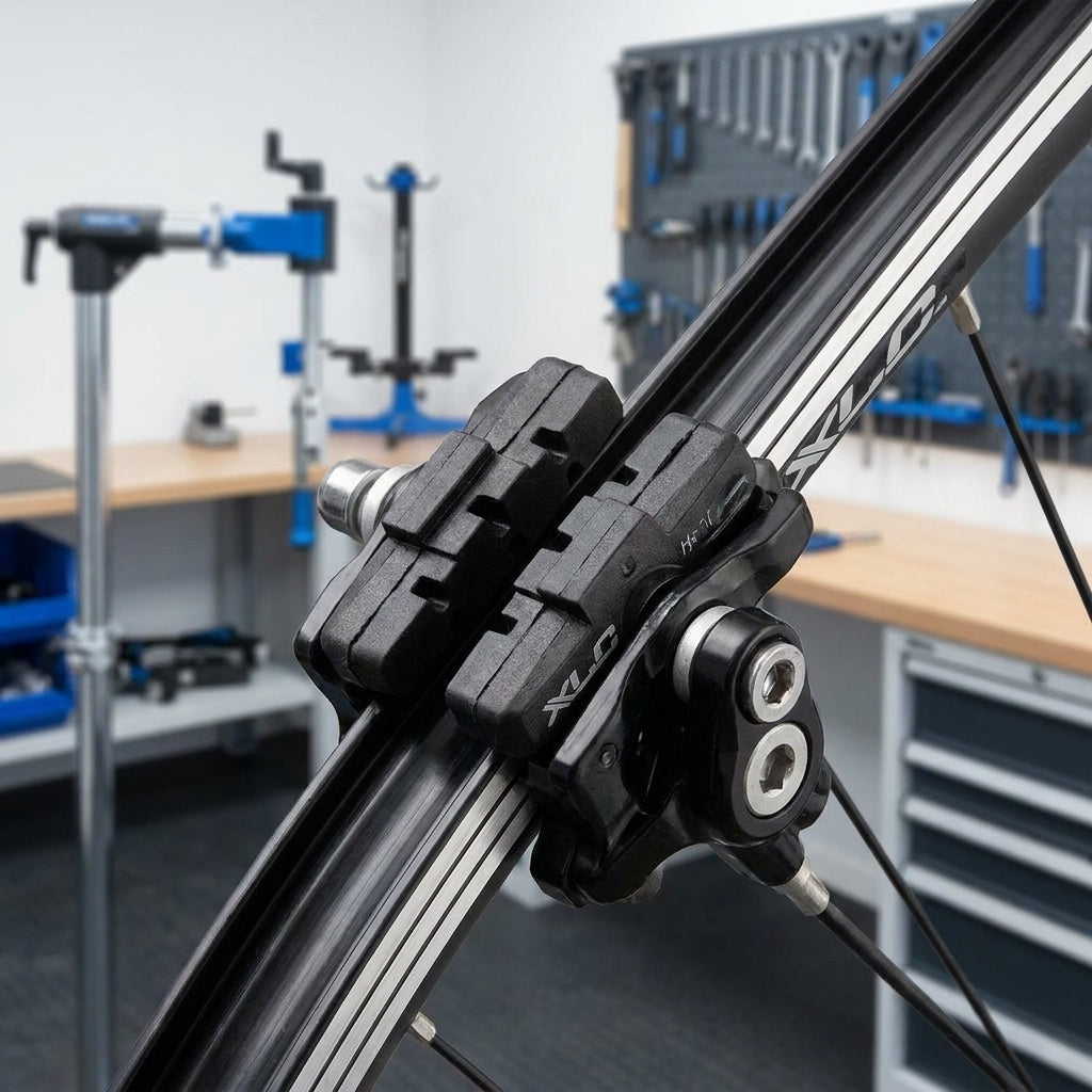XLC Bremsschuhe 50mm für Magura BS-X06, montiert am Fahrradrad in einer Werkstatt.