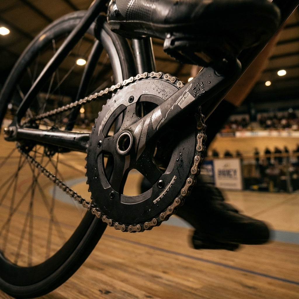 Miche Pistard 2.0 Kurbelgarnitur 165mm BCD 144 48 Zähne am Trackbike auf Velodrombahn.