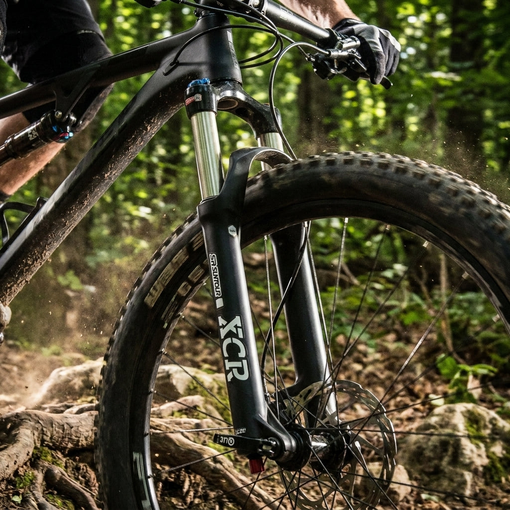SR Suntour XCR32-Air Federgabel 27.5 Zoll schwarz matt an Mountainbike auf Waldweg in Bewegung.