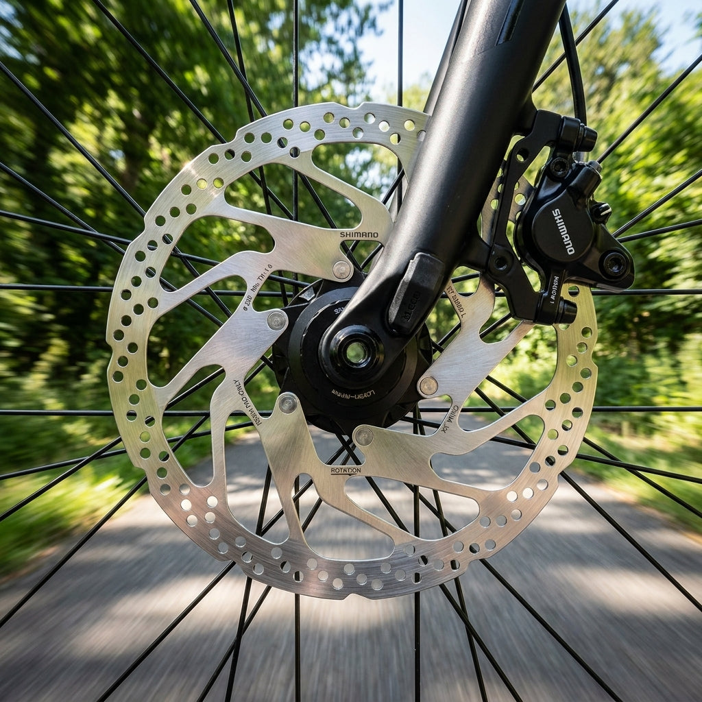 SHIMANO RT-EM300 180mm Fahrrad-Bremsscheibe für Geschwindigkeitssensor, montiert am Vorderrad mit Bremssattel.