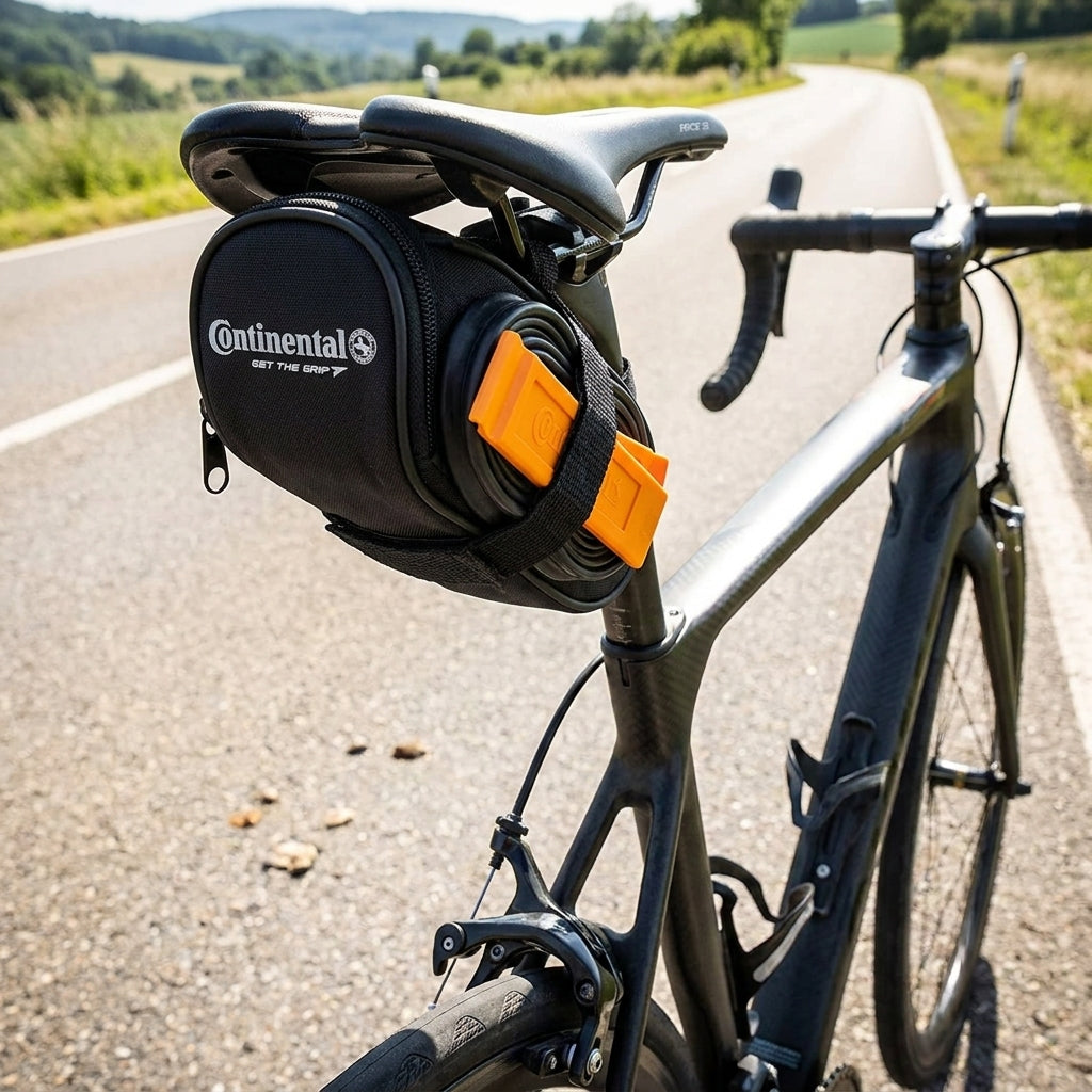 Continental Schlauchtasche RACE 28 mit Schlauch SV 42mm und 2 Reifenhebern am Fahrrad auf einer Straße.