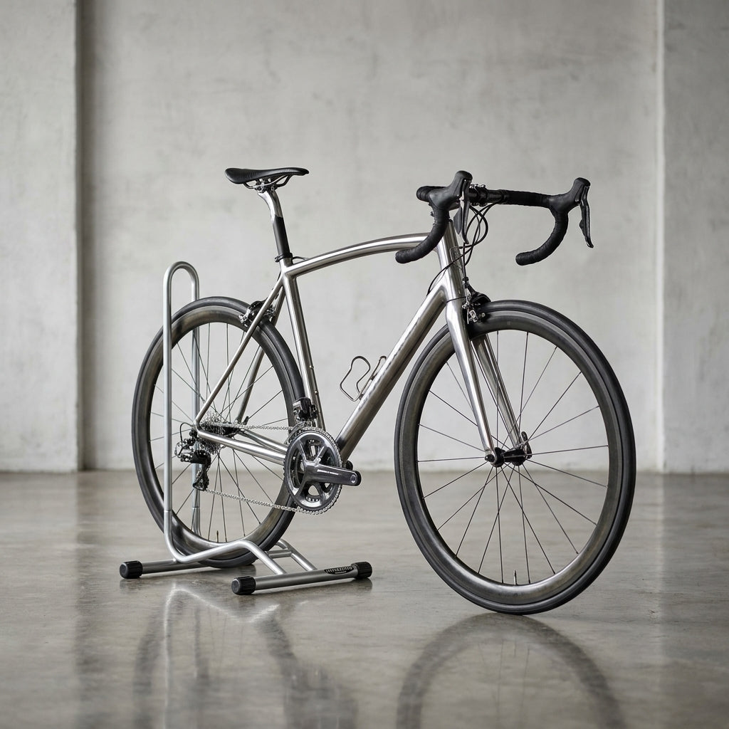 Willworx Fahrrad Ständer Präsentationsständer SuperStand zeigt ein silbernes Rennrad.