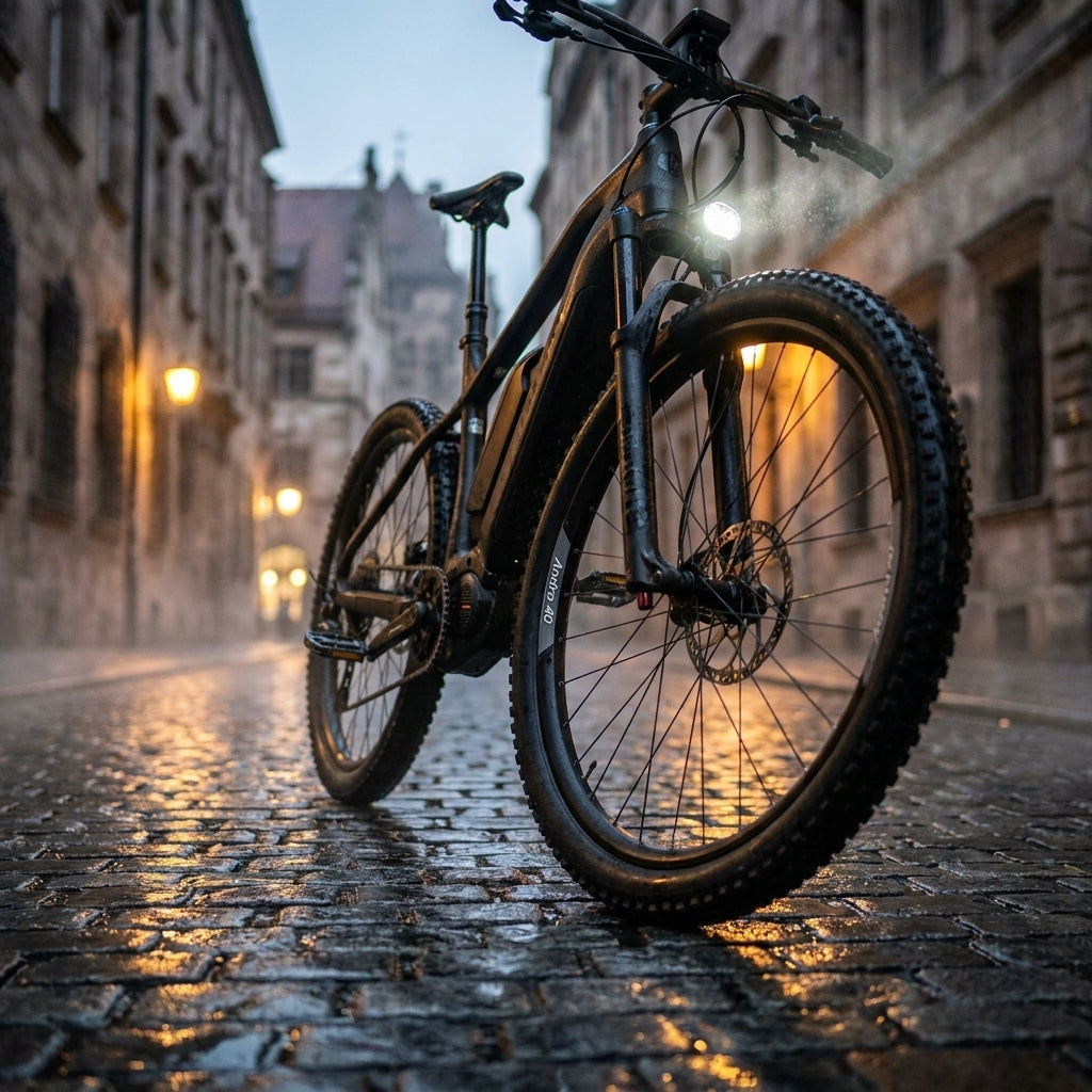 Ryde Andra 40 Felge schwarz am E-Bike auf nasser Pflasterstraße bei Nacht.