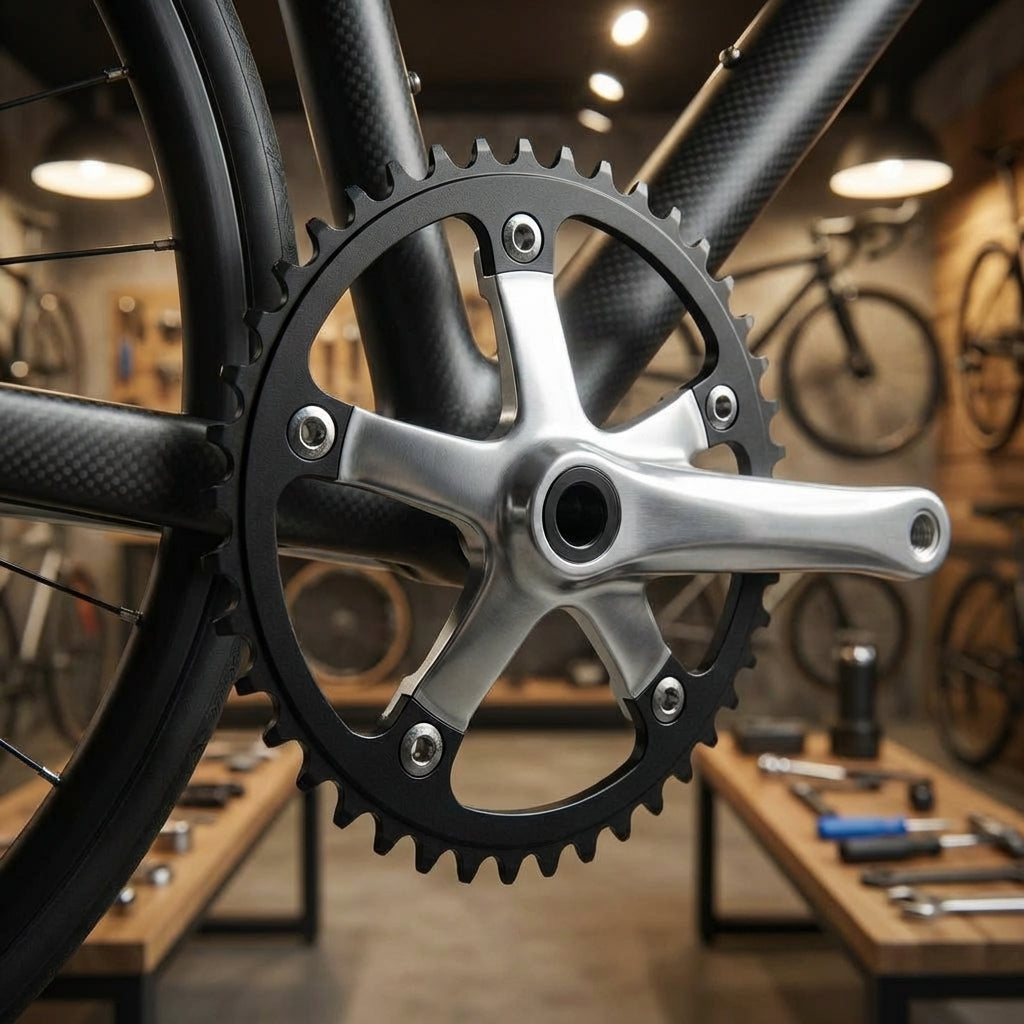 Schwarzes Stronglight Kettenblatt aus 7075T6 Aluminium mit 38 Zähnen und 130mm Lochkreis für Rennräder.