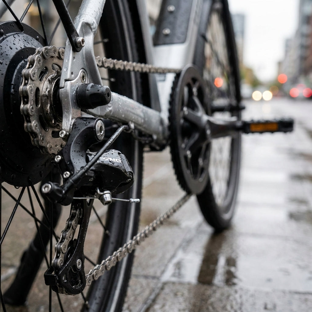 KMC Z1eHX E-Bike Kette silber am nassen Fahrrad auf regennasser Straße. Robust für Alltag und Pendler.