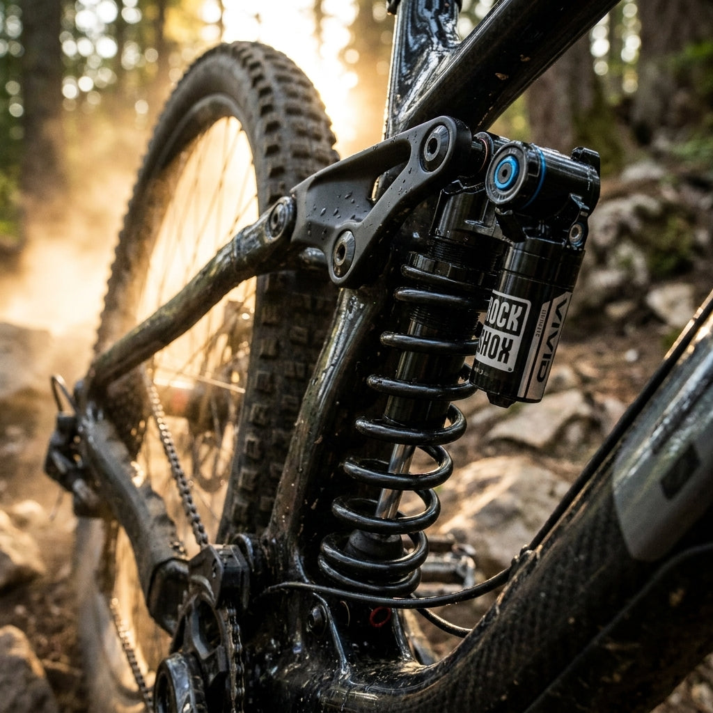 Rock Shox Vivid Coil Ultimate Dämpfer am Mountainbike auf staubigem Trail im Wald bei Sonnenlicht.