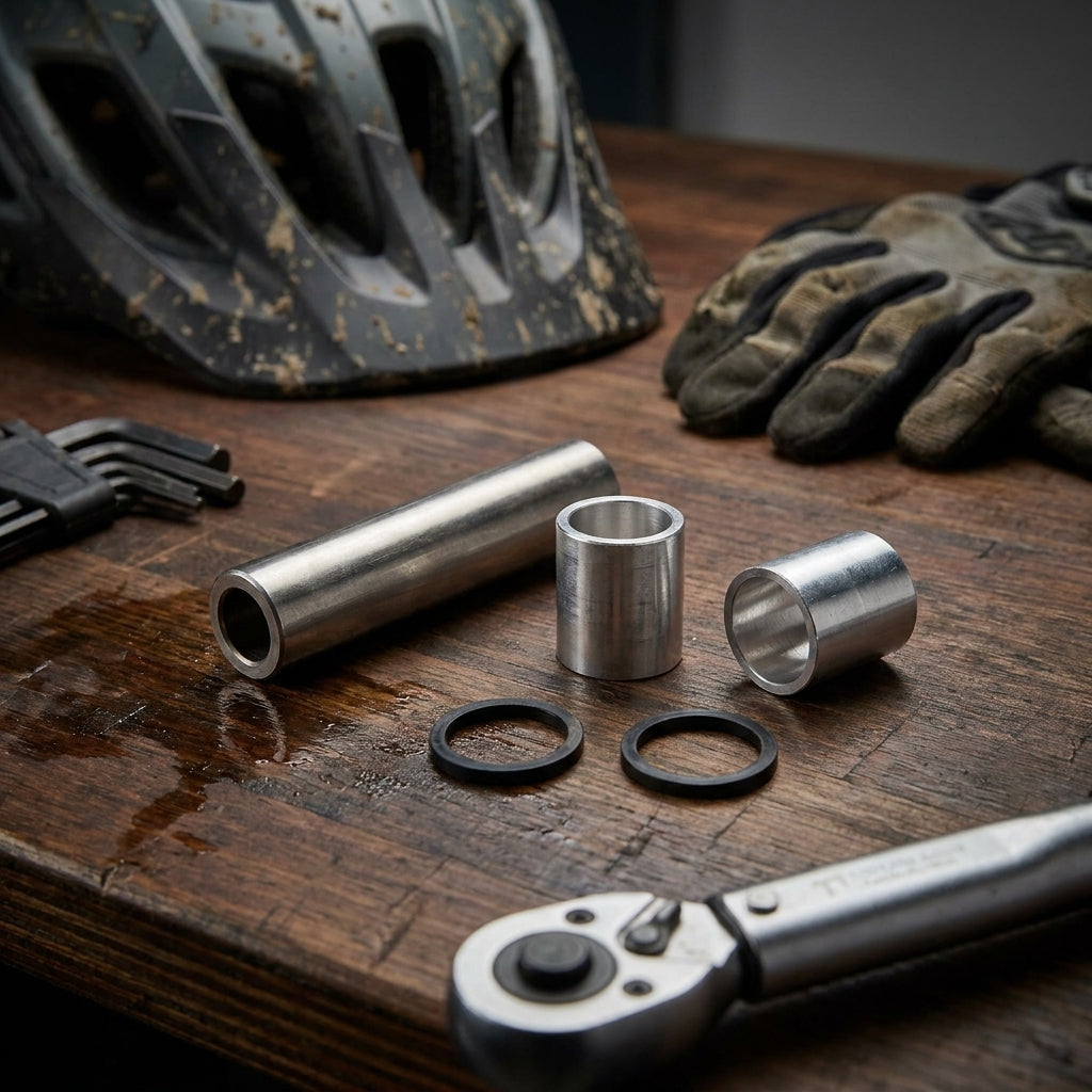 RockShox Mounting Hardware für Fahrrad-Dämpfer: Spacer, Buchsen, O-Ringe und Werkzeug auf Holztisch.