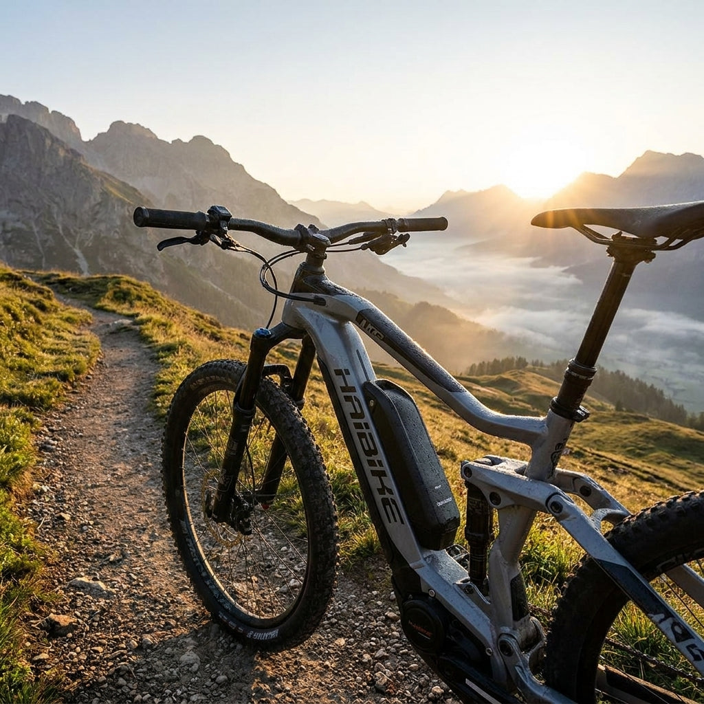 XLC MRS TheRangeExtender an Haibike E-MTB auf sonnigem Bergpfad mit Talblick.