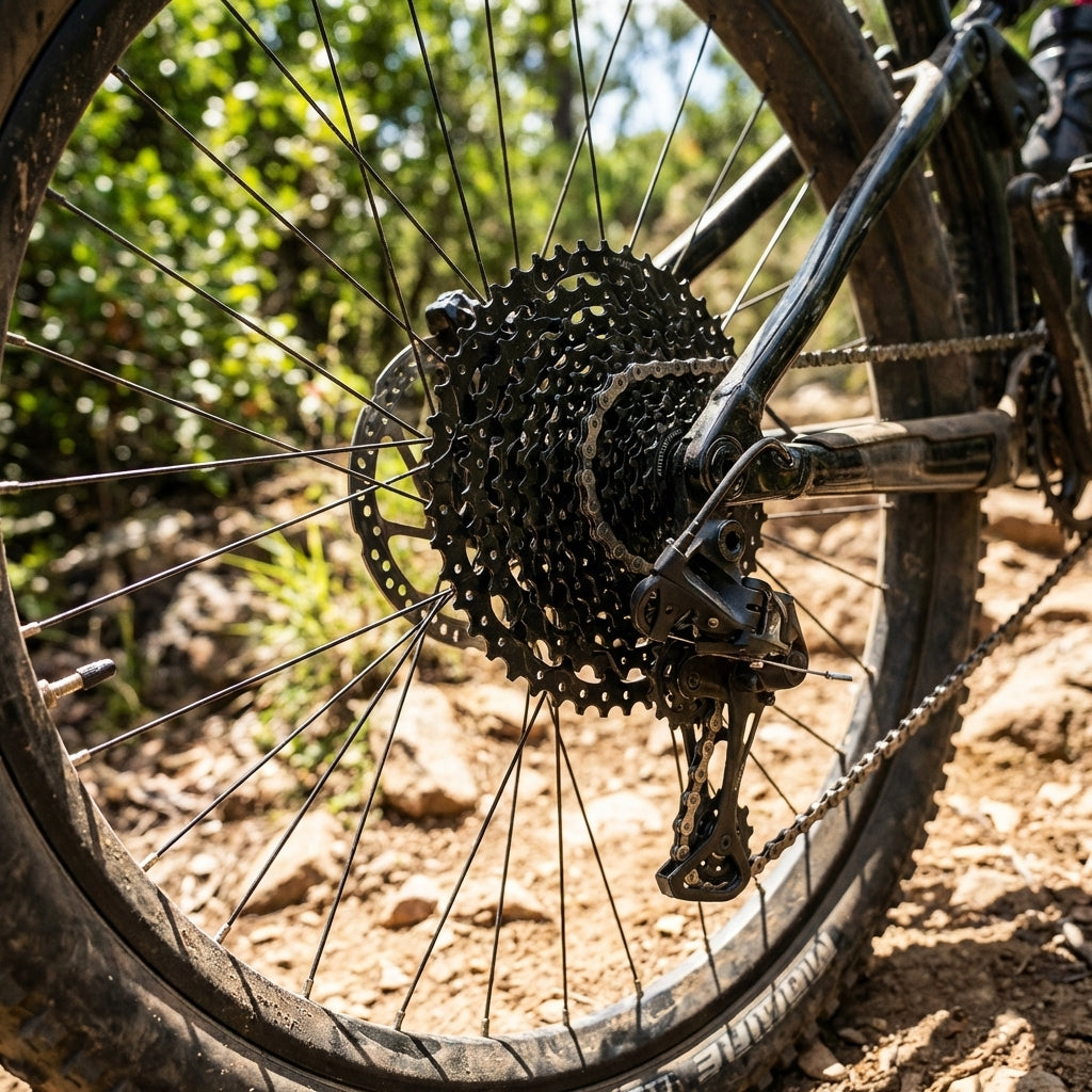 KMC REACT Kassette 10-fach 11-42Z schwarz am MTB Hinterrad auf Trail, Shimano HG kompatibel.