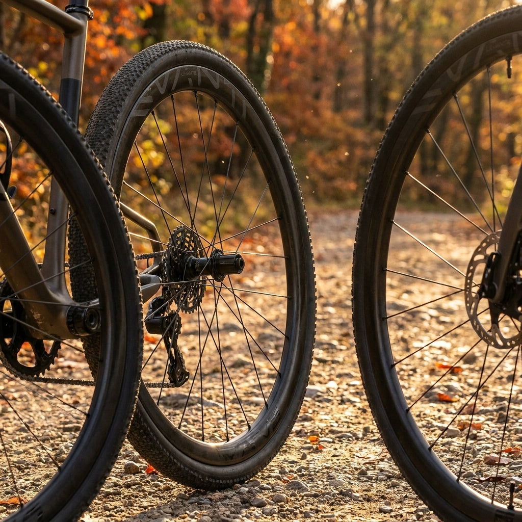 Campagnolo Levante 2-WayFit DB Laufradsatz für Shimano HG an zwei Gravelbikes im Herbstwald.