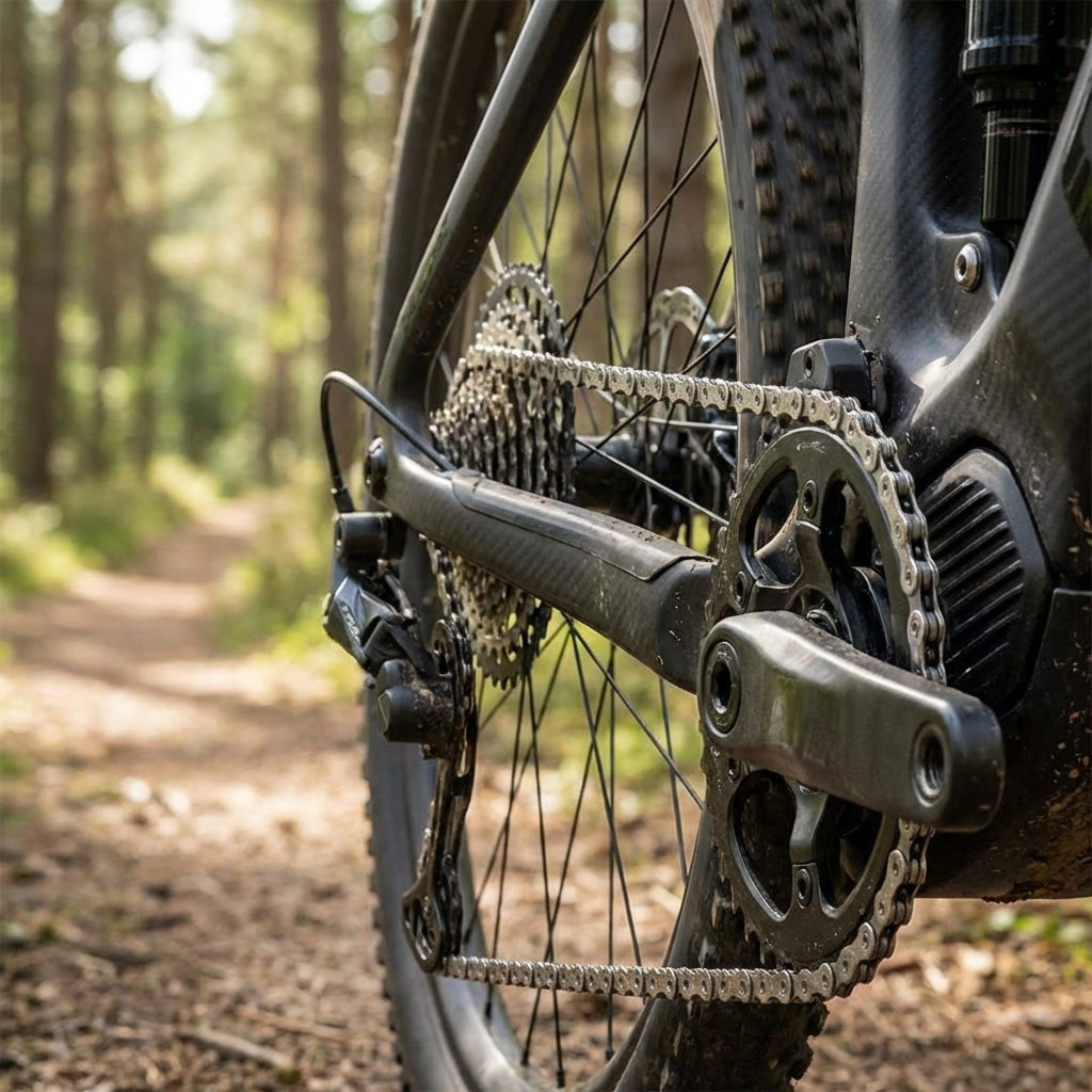 KMC E1 EPT E-Bike Kette am Mittelmotor-Antrieb eines E-Mountainbikes im Wald.