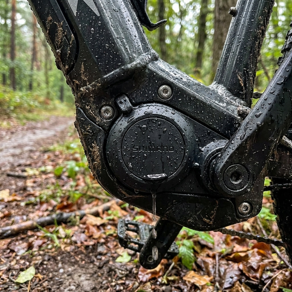 Schlammiges, nasses SHIMANO E-Bike im Wald. Zeigt robuste SHIMANO E-BIKE SYSTEMS Komponenten.